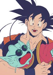  2boys :d absurdres arm_around_neck black_eyes black_hair blue_skin colored_skin commentary_request d: dougi dragon_ball dragon_ball_z highres looking_at_another male_focus multiple_boys nervous north_kaiou open_mouth oshiruko_(oshiruko0803) simple_background smile son_goku spiked_hair sunglasses sweatdrop teeth white_background wristband 