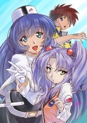  1boy 2girls :d black_skirt blue_background blue_eyes blue_hair brown_eyes brown_hair capelet commentary_request floating_hair gloves grey_hair hair_ornament hand_on_another&#039;s_shoulder hat highres hoshino_ruri jacket kidou_senkan_nadesico long_hair long_sleeves looking_at_viewer mini_hat misumaru_yurika multiple_girls open_mouth shirt short_sleeves skirt smile spiked_hair standing tenkawa_akito twintails v very_long_hair white_capelet white_gloves white_shirt yellow_eyes yellow_jacket yoshinaga_masahiro 