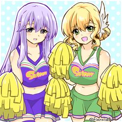  2girls alternate_costume blonde_hair cheerleader circlet commentary_request fire_emblem fire_emblem:_genealogy_of_the_holy_war fire_emblem:_thracia_776 green_eyes hair_ornament julia_(fire_emblem) long_hair multiple_girls nanna_(fire_emblem) open_mouth pom_pom_(cheerleading) purple_eyes purple_hair short_hair skirt sleeveless twitter_username yukia_(firstaid0) 