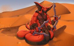  4_arms anthro apode bogrim cobra desert draconcopode dual_wielding holding_melee_weapon holding_object holding_sword holding_weapon indrium legless melee_weapon multi_arm multi_limb multifur naga reptile scalie serpentine snake solo sword weapon 