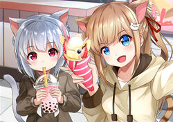  2girls :d animal_ear_fluff animal_ears blue_eyes blush brown_dress brown_hair brown_hoodie cat_ears cat_girl cat_hair_ornament cat_tail collared_dress commentary_request cup disposable_cup drawstring dress drinking drinking_straw fingernails food grey_hair hair_between_eyes hair_ornament hair_ribbon highres hiyori-chan holding holding_cup holding_food hood hood_down hoodie long_hair long_sleeves looking_at_viewer multiple_girls one_side_up open_mouth original outstretched_arm reaching reaching_towards_viewer red_eyes red_ribbon ribbon selfie smile sora_(silent_square) tail tsugumi-chan_(sora) upper_body very_long_hair 