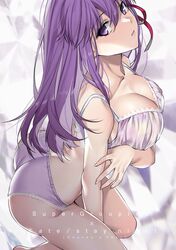  :o ass between_legs blush bra breasts cleavage collarbone commentary fate/stay_night fate_(series) female hair_ribbon hand_between_legs head_tilt kneeling lace lace-trimmed_bra lace-trimmed_panties lace_trim large_breasts lingerie long_hair looking_at_viewer matou_sakura open_mouth panties pink_lips purple_bra purple_eyes purple_hair purple_panties red_ribbon ribbon solo thighs underwear underwear_only yaoshi_jun 