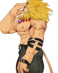  4:5 96_gatefield abs bandai_namco belt blonde_mane bottomwear claws clothing digimon digimon_(species) ear_piercing felid hi_res jewelry leomon male mammal mane muscular muscular_arms muscular_male necklace nipples obliques pantherine pants pecs piercing solo 