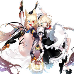  2girls animal_ears back-to-back blonde_hair blue_eyes character_name commentary_request copyright_name english_text fujinohara_akihira g36_(girls&#039;_frontline) g41_(girls&#039;_frontline) girls&#039;_frontline gloves heterochromia long_hair maid maid_headdress mechanical_arms multiple_girls ponytail red_eyes shoes tail thighs 