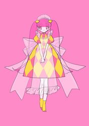  apron bad_id bad_twitter_id blunt_bangs checkered_clothes checkered_dress dress female full_body highres inata17ta long_hair looking_at_viewer maid maid_headdress original pink_background pink_dress pink_eyes pink_hair puffy_short_sleeves puffy_sleeves see-through short_sleeves simple_background solo standing very_long_hair yellow_dress 