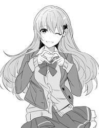  ascot bad_id bad_twitter_id blazer blush bow breasts cardigan commentary female greyscale hair_ornament hairclip heart heart_hands highres jacket kantai_collection large_breasts long_hair looking_at_viewer monochrome nagomi_(mokatitk) one_eye_closed open_cardigan open_clothes open_mouth pleated_skirt school_uniform skirt smile solo suzuya_(kancolle) symbol-only_commentary vest 