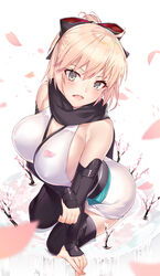  absurdres black_bow black_legwear black_scarf blonde_hair blush bow breasts cherry_blossoms eyebrows_visible_through_hair fate_(series) female from_above hairbow highres koha-ace large_breasts looking_at_viewer okita_souji_(fate) okita_souji_(fate)_(all) open_mouth petals scarf sitting solo suigetsu_(hjs1106) teeth thighhighs wariza yellow_eyes 