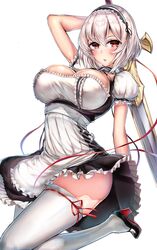  absurdres anchor_choker apron arm_behind_head azur_lane blush breasts choker coda_(simon1995) commentary_request female frilled_apron frilled_choker frills hair_between_eyes hairband hand_up high_heels highres holding holding_sword holding_weapon lace-trimmed_hairband lace_trim large_breasts looking_at_viewer maid_apron parted_lips puffy_sleeves red_eyes red_ribbon ribbon ribbon-trimmed_legwear ribbon_trim short_hair short_sleeves sidelocks simple_background sirius_(azur_lane) solo sword thighhighs thighs waist_apron weapon white_apron white_background white_hair white_thighhighs 