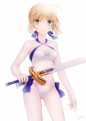  ahoge artist_name artoria_pendragon_(fate) artoria_pendragon_(swimsuit_archer)_(fate) artoria_pendragon_(swimsuit_archer)_(first_ascension)_(fate) bad_id bad_pixiv_id bare_arms bare_shoulders bikini blonde_hair braid breasts collarbone commentary_request excalibur_(fate/stay_night) fate/grand_order fate/stay_night fate_(series) female green_eyes hair_ribbon holding holding_sword holding_weapon looking_at_viewer medium_breasts noru_(lila2) ribbon short_hair simple_background smile solo swimsuit sword weapon white_background white_bikini 