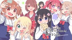  6+girls :3 :d :i ;3 ;d ^_^ artist_name black_hair blue_dress blue_eyes blush brown_hair closed_eyes commentary_request dress eating flower food food_on_face hair_between_eyes hair_flower hair_ornament hair_over_one_eye himesaka_noa hoshino_hinata hoshino_miyako_(wataten) jacket konomori_kanon long_hair looking_at_viewer matsumoto_kouko mukunoki_nanatsu multiple_girls oerba_yun_fang one_eye_closed open_mouth pinafore_dress red_eyes red_hair red_jacket school_uniform shirosaki_hana shirt short_hair signature sleeveless sleeveless_dress smile tanemura_koyori track_jacket track_suit twintails watashi_ni_tenshi_ga_maiorita! x_hair_ornament 