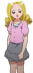  :d ahoge bangs blonde_hair blunt_bangs brown_eyes casual female female gray_skirt happy legs long_hair looking_at_viewer ojamajo_doremi open_mouth pink_shirt raised_eyebrows shirt simple_background smile solo tamaki_reika tomboy 