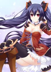  alternate_costume artist_name binato_lulu black_hair boots breasts choujigen_game_neptune cleavage collar collarbone commentary cosplay detached_sleeves dress female gauntlets granblue_fantasy hair_between_eyes hair_ribbon hand_on_own_thigh hand_rest imai_asami knee_boots looking_at_viewer medium_breasts neptune_(series) noire_(neptunia) real_life red_eyes ribbon sitting smile solo strapless strapless_dress thighhighs twintails vira_(granblue_fantasy) vira_(granblue_fantasy)_(cosplay) voice_actor_connection 