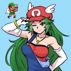  akairiot aqua_background bare_shoulders bracelet breasts commentary cosplay elbow_gloves female gloves green_eyes green_hair hand_on_headwear hand_on_own_hip hat jewelry kid_icarus kid_icarus_(nes) large_breasts long_hair luigi luigi_(cosplay) mario mario_(cosplay) mario_(series) necklace one_eye_closed overalls palutena pit_(kid_icarus) polka_dot polka_dot_background red_headwear simple_background smile upper_body white_gloves 