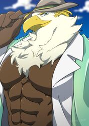  abs absurd_res accipitrid accipitriform anthro avian biceps bird blonde_hair blue_eyes brown_body brown_feathers clothed clothing eagle feathers hair hat headgear headwear hi_res lifewonders male multicolored_body multicolored_feathers muscular muscular_anthro muscular_male open_clothing open_shirt open_topwear pecs shirt signature solo thunderbird_(tas) toimo_2610 tokyo_afterschool_summoners topwear two_tone_body two_tone_feathers white_body white_feathers 