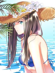  absurdres aqua_eyes artist_name bikini blue_bikini blue_eyes blue_sky breasts brown_hair commentary_request day female flower hat highres kizuna_ai kizuna_ai_inc. lingerie lips long_hair looking_at_viewer multicolored_hair ocean palm_leaf parted_lips sky solo straw_hat streaked_hair sun_hat sunlight sunnypoppy swimsuit underwear upper_body virtual_youtuber white_flower 