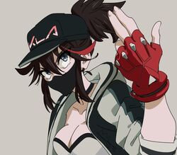  akali akali_(cosplay) bad_id bad_twitter_id black_choker breasts brown_hair choker cleavage collarbone cosplay female fingerless_gloves gloves grey_background grey_eyes gyosone hair_between_eyes hat k/da_(league_of_legends) k/da_akali kill_la_kill league_of_legends mask matoi_ryuuko medium_hair ponytail red_gloves red_hair simple_background sleeves_rolled_up solo upper_body 