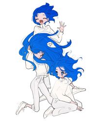  3girls absurdres blue_eyes blue_hair closed_eyes commentary_request eyes_visible_through_hair floating_hair hand_up highres inata17ta long_hair long_sleeves looking_at_viewer multiple_girls open_mouth original pants shirt shoes short_hair simple_background smile sweater white_background white_footwear white_pants white_shirt white_sweater 