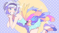  bare_shoulders black_bow black_hairband blue_dress blue_eyes blunt_bangs blush bob_cut bow collarbone commentary_request derivative_work dotted_background dress evandragon feather_trim feathers female frilled_dress frills grey_hair grin hair_ornament hairband halo hitodama honeyworks kokuhaku_jikkou_iinkai konpaku_youmu looking_at_viewer own_hands_together pale_color parody short_hair smile solo sparkle strappy_heels touhou 