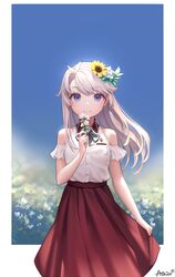  bare_shoulders blue_eyes borrowed_character commentary_request eat_8971 female flower grey_hair hair_flower hair_ornament herme_(ohisashiburi) highres holding holding_flower long_hair long_skirt looking_at_viewer original outdoors red_skirt skirt solo 