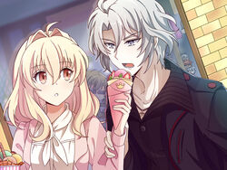  5boys ahoge black_jacket blonde_hair brick_wall brown_eyes chestnut_mouth chibi commentary_request crepe crown_(symbol) feeding female food fruit glasses grey_eyes grey_hair hair_intakes highres holding_another&#039;s_wrist ice_cream ice_cream_crepe idolish7 jacket jewelry kiwi_(fruit) kiwi_slice looking_at_another medium_hair multiple_boys nanase_riku neckerchief necklace nikaido_yamato nuoya open_mouth osaka_sougo peeking_out peeping pink_jacket strawberry sunglasses takanashi_tsumugi white_day white_neckerchief yaotome_gaku yotsuba_tamaki 