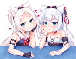  2girls :3 animal_ear_fluff animal_ears arm_belt arm_rest armpit_crease azur_lane bare_shoulders belt black_belt black_bow black_bowtie black_gloves black_hairband black_shirt blue_eyes blue_vest blush bow bowtie breasts buttons cat_ears cat_hair_ornament choker closed_mouth collar collarbone commentary_request cross-laced_clothes cross-laced_dress detached_sleeves fingerless_gloves frilled_hairband frilled_sleeves frills gloves green_eyes hair_ornament hair_ribbon hairband hairbow hammann_(azur_lane) hammann_(retrofit)_(azur_lane) hand_on_own_cheek hand_on_own_face heart highres kirisame_mia long_hair looking_at_viewer maid multiple_girls neckerchief oerba_yun_fang open_clothes open_vest outline raised_eyebrows red_choker red_collar red_neckerchief red_ribbon ribbon sailor_collar shirt sims_(azur_lane) sitting skin_fang skindentation sleeveless sleeveless_shirt small_breasts smug two_side_up underbust vest wavy_mouth white_hair white_sailor_collar wrist_cuffs 