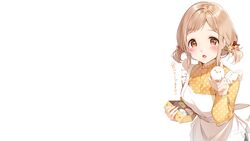  apron blush brown_hair food idolmaster idolmaster_shiny_colors mano_sakuragi orange_eyes shiratama_akane short_hair twintails white 