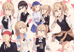  apron blonde_hair blue_scrunchie commentary_request disguise female hair_between_eyes hair_ornament hair_scrunchie hayasaka_ai hayasaka_kun hayasaka_nao haysaca_a._smithee kaguya-sama_wa_kokurasetai_~tensai-tachi_no_renai_zunousen~ long_sleeves looking_at_viewer maid maid_apron mother_and_daughter multiple_views okusan4645 school_uniform scrunchie shuuchiin_academy_school_uniform side_ponytail simple_background 