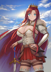  bad_id bad_pixiv_id blue_eyes boudica_(fate) boudica_(third_ascension)_(fate) breasts cape cleavage closed_mouth cloud cowboy_shot crown fate/grand_order fate_(series) female hand_on_own_hip large_breasts long_hair looking_at_viewer maekawa_yuichi parted_bangs red_cape red_hair red_skirt shiny_skin skirt sky smile solo sun sword thighhighs weapon 