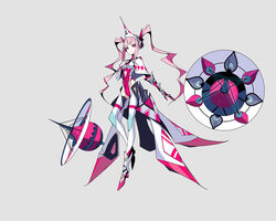  boots breasts capelet commentary_request drone female frown full_body gauntlets greek_mythology grey_background hand_on_own_chest headgear hera_(mythology) highres leotard long_hair looking_at_viewer mecha_musume official_art palow photoshop_(medium) pink_eyes pink_hair shinwa_sousei_rpg_amadeus single_gauntlet skin_tight small_breasts solo thigh_boots thighhighs twintails waist_cape 