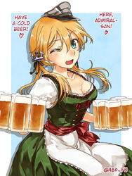  10s abo_(hechouchou) alcohol alternate_costume beer blonde_hair blue_eyes breasts cleavage dirndl female female german_clothes hair_ornament hard_translated hat highres kantai_collection large_breasts long_hair looking_at_viewer oktoberfest one_eye_closed open_mouth peaked_cap prinz_eugen_(kantai_collection) simple_background solo traditional_clothes translated twintails 