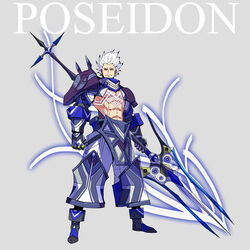  1boy armor bare_pectorals character_name chest_tattoo commentary_request full_body gauntlets glowing_tattoo greek_mythology grey_background highres looking_at_viewer male_focus mecha_danshi muscular official_art palow pants pectorals photoshop_(medium) polearm poseidon_(mythology) shinwa_sousei_rpg_amadeus shoulder_armor solo tattoo trident weapon white_hair yellow_eyes 