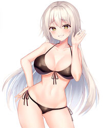  bare_arms bare_shoulders bikini black_bikini blush breasts cleavage collarbone contrapposto cowboy_shot fate/grand_order fate_(series) female front-tie_bikini front-tie_top gluteal_fold grin groin hair_between_eyes hair_intakes halter_top halterneck hand_on_hip hand_up highres hinaki_(hinaki_0102) jeanne_d&#039;arc_(alter_swimsuit_berserker) jeanne_d&#039;arc_(fate)_(all) large_breasts legs_apart long_hair looking_at_viewer navel revision side-tie_bikini silver_hair simple_background smile solo standing stomach swimsuit teeth thighs very_long_hair white_background yellow_eyes 