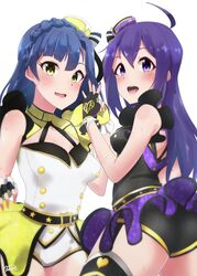  2girls ahoge backless_outfit belt black_belt blue_hair blush braid breasts commentary_request costume eyebrows gloves gold_trim hair_between_eyes hair_ornament hair_ribbon half_gloves heart heart_print highres idol idolmaster idolmaster_million_live! idolmaster_million_live!_theater_days lace_trim long_hair mochizuki_anna moment_(moment_607) multiple_girls nail_polish nanao_yuriko open_mouth overskirt purple_eyes purple_hair purple_nails ribbon simple_background star_(symbol) star_print sweat teeth thighhighs thighs top!_clover_(idolmaster) v white_background yellow_eyes yellow_nails 