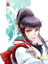  beehive_hairdo black_hair commentary_request eyeliner female hair_ornament hair_ribbon japanese_clothes lips makeup mishima_kazumi_(tekken) mole mole_under_eye nose red_eyes ribbon rope ryo_(ryoxkj) shimenawa sidelocks solo tekken tekken_7 thick_eyebrows tied_hair tress_ribbon 