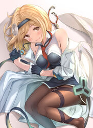  between_breasts black_dress black_gloves black_hairband black_ribbon blonde_hair blush breasts breasts_apart brown_eyes brown_pantyhose collared_dress commentary_request djeeta_(granblue_fantasy) doctor_(granblue_fantasy) dress female fetal_position gloves granblue_fantasy grey_background hair_intakes hairband half_gloves highres keikei_(kitty_colors) lab_coat leg_ribbon looking_at_viewer lying necktie necktie_between_breasts on_side pantyhose red_necktie ribbon short_dress short_hair sleeveless sleeveless_dress smile solo stethoscope swept_bangs 