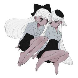  2girls bad_id bad_twitter_id bare_legs barefoot black_bow bow collared_shirt full_body grey_eyes hairbow highres inata17ta long_hair long_sleeves multiple_girls no_nose original shirt simple_background sitting white_background white_hair white_shirt 