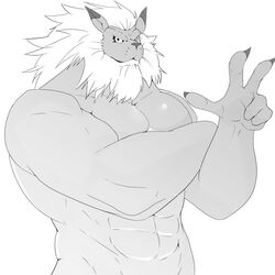  1:1 2018 96_gatefield abs anthro bandai_namco crossed_arms digimon digimon_(species) felid gesture hand_gesture leomon looking_at_viewer male mammal monochrome muscular muscular_anthro muscular_male pantherine pecs solo v_sign 