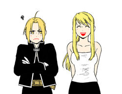  &gt;:( 1boy :d ^_^ arms_behind_back bare_arms bare_shoulders belt black_jacket blonde_hair breasts closed_eyes commentary_request crossed_arms edward_elric female floating_hair frown fullmetal_alchemist gloves hanayama_(inunekokawaii) happy jacket long_hair medium_breasts open_mouth shirt simple_background sleeveless sleeveless_shirt smile squiggle upper_body v-shaped_eyebrows white_background white_gloves white_shirt winry_rockbell yellow_eyes 