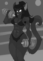  2019 abs anthro breasts chalo cleavage clothed clothing domestic_cat dumbbell exercise felid feline felis female fur greyscale hair las_lindas long_hair mammal monochrome muscular muscular_anthro muscular_female navel rachael_saleigh solo standing weights 