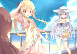  3girls :d :o absurdres bad_id bad_pixiv_id bare_shoulders basket black_bow blonde_hair blue_sky blush bow bridal_garter brown_dress brown_hair chinese_commentary cloud commentary_request day dress frilled_dress frills hair_between_eyes hair_ornament hairbow hat hat_bow highres horizon long_hair multiple_girls niliu_chahui ocean open_mouth original outdoors parted_lips pink_dress ponytail puffy_short_sleeves puffy_sleeves purple_dress railing red_eyes short_dress short_sleeves siblings sidelocks sisters sky smile standing sun_hat tokisaki_asaba_(niliu_chahui) tokisaki_mio_(niliu_chahui) very_long_hair white_hair white_headwear 