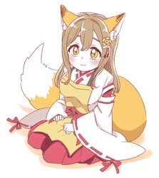  :3 animal_ear_fluff animal_ears apron blush brown_hair commentary cosplay female flower fox_ears fox_tail hair_flower hair_ornament hakama hakama_skirt hands_on_lap izumi_kirifu japanese_clothes kanzashi kunikida_hanamaru long_hair long_sleeves looking_at_viewer love_live! love_live!_sunshine!! miko pale_skin red_hakama ribbon-trimmed_sleeves ribbon_trim senko_(sewayaki_kitsune_no_senko-san) senko_(sewayaki_kitsune_no_senko-san)_(cosplay) sewayaki_kitsune_no_senko-san sitting skirt solo tail wide_sleeves yellow_apron yellow_eyes 