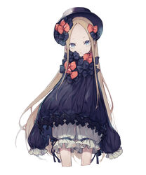  abigail_williams_(fate) black_bow black_dress black_hat blonde_hair bloomers blue_eyes bow bug butterfly commentary_request cropped_legs dress fate/grand_order fate_(series) female forehead hairbow hat head_tilt highres hoshi_rousoku long_hair long_sleeves looking_at_viewer multiple_hair_bows orange_bow parted_bangs parted_lips polka_dot polka_dot_bow simple_background sleeves_past_fingers sleeves_past_wrists solo underwear very_long_hair white_background white_bloomers 