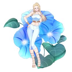  absurdres alternate_costume artist_name blonde_hair blue_eyes blue_flower blue_pants blue_shirt bracelet breasts capri_pants commentary earrings female floral_background flower full_body gladiator_sandals gold_footwear highres jewelry leaf long_hair morning_glory navel pants rwby salem_(rwby) sandals shirt single-shoulder_shirt single_bare_shoulder solo spoilers standing sunnypoppy taut_clothes taut_shirt white_background 