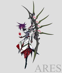  1boy ares_(mythology) blade cable character_name commentary_request full_body greek_mythology grey_background grin hair_over_one_eye highres looking_at_viewer magic male_focus mecha_danshi official_art palow photoshop_(medium) purple_hair red_eyes shinwa_sousei_rpg_amadeus smile solo spiked_hair 