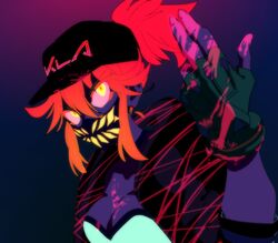  akali akali_(cosplay) bad_id bad_twitter_id breasts cleavage collarbone cosplay female fingerless_gloves gloves gradient_background gradient_hair green_gloves gyosone hat k/da_(league_of_legends) k/da_akali kill_la_kill league_of_legends mask matoi_ryuuko medium_hair multicolored_hair orange_hair red_hair sleeves_rolled_up solo splatter tied_hair ultraviolet_light yellow_eyes 