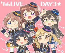  5girls :d bang_dream! bd_ayknn belt black_bow black_bowtie black_footwear black_gloves black_hair black_necktie black_ribbon blonde_hair blue_bow blue_eyes blue_headwear blue_jacket blue_vest blush boots bow bowtie brown_eyes brown_hair commentary_request fingerless_gloves gloves green_eyes hair_ornament hanazono_tae hat hat_bow hat_ornament ichigaya_arisa jacket long_hair long_sleeves looking_at_viewer multiple_girls neck_ribbon necktie open_mouth outline overskirt pink_background pink_bow ponytail poppin&#039;party purple_bow purple_eyes raised_fist red_bow ribbon short_hair short_sleeves skirt smile socks star_(symbol) star_hat_ornament thighhighs toyama_kasumi ushigome_rimi v-shaped_eyebrows vest waving white_legwear white_outline x_hair_ornament yamabuki_saya yellow_bow yellow_eyes 