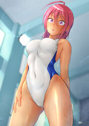  ahoge blush bokutachi_wa_benkyou_ga_dekinai breasts caustics commentary_request competition_swimsuit covered_navel dark-skinned_female dark_skin female hair_between_eyes hand_on_thigh highres looking_at_viewer medium_breasts ocza one-piece_swimsuit purple_eyes red_hair shiny_clothes shiny_skin short_hair solo swimsuit takemoto_uruka tan wet white_one-piece_swimsuit 