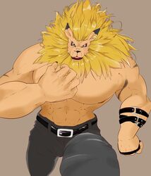  2017 96_gatefield abs bandai_namco belt blonde_mane blue_eyes bottomwear clothing digimon digimon_(species) ear_piercing felid hi_res leomon looking_at_viewer male mammal mane muscular muscular_male pantherine pants pecs piercing solo 