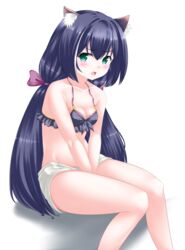  animal_ear_fluff animal_ears bare_arms bare_shoulders between_legs bikini bikini_top_only black_bikini black_hair blush bow breasts cat_ears cat_girl cleavage commentary_request feet_out_of_frame female green_eyes hair_between_eyes hairbow hand_between_legs highres karyl_(princess_connect!) karyl_(summer)_(princess_connect!) kaze_makase knees_together_feet_apart long_hair looking_at_viewer medium_breasts multicolored_hair oerba_yun_fang open_mouth princess_connect! purple_bow shadow short_shorts shorts sitting solo streaked_hair swimsuit very_long_hair white_background white_hair white_shorts 