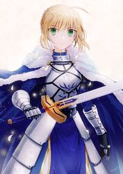  ahoge armor armored_dress artoria_pendragon_(fate) bad_id bad_pixiv_id blonde_hair blue_cape blue_dress braid breasts cape commentary_request dress excalibur_(fate/stay_night) fate/grand_order fate/stay_night fate_(series) female fur_collar fur_trim gauntlets green_eyes hair_ribbon holding holding_sword holding_weapon looking_at_viewer noru_(lila2) ribbon saber_(fate) short_hair smile solo sword weapon 